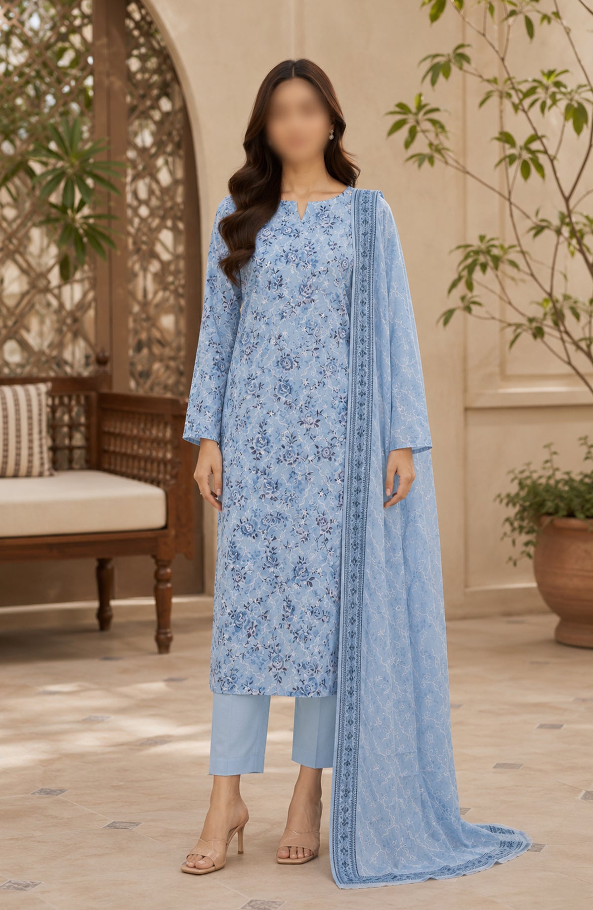 Amna Khadija Fancy Embroidered Lawn Unstitched 3 Piece Suit - DRF-05 - AM26FNC - Blue - Summer Collection