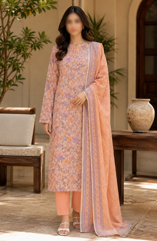 Amna Khadija Fancy Embroidered Lawn Unstitched 3 Piece Suit - DRF-03 - AM26FNC - Peach - Summer Collection