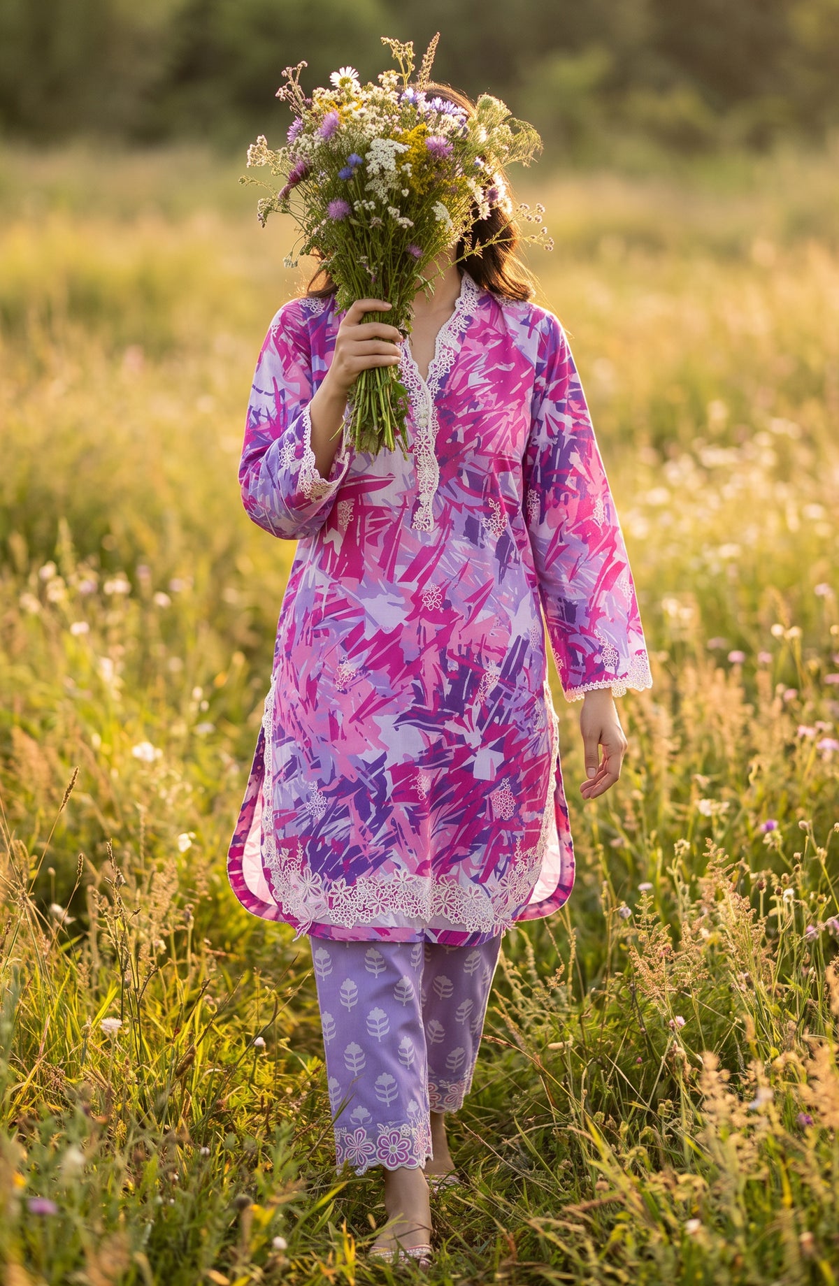 Amna Khadija Embroidered Chikankari Lawn Stitched 2 Piece Co ord Set - AKSE-22 - AM26ETRE - Pink - Summer Collection