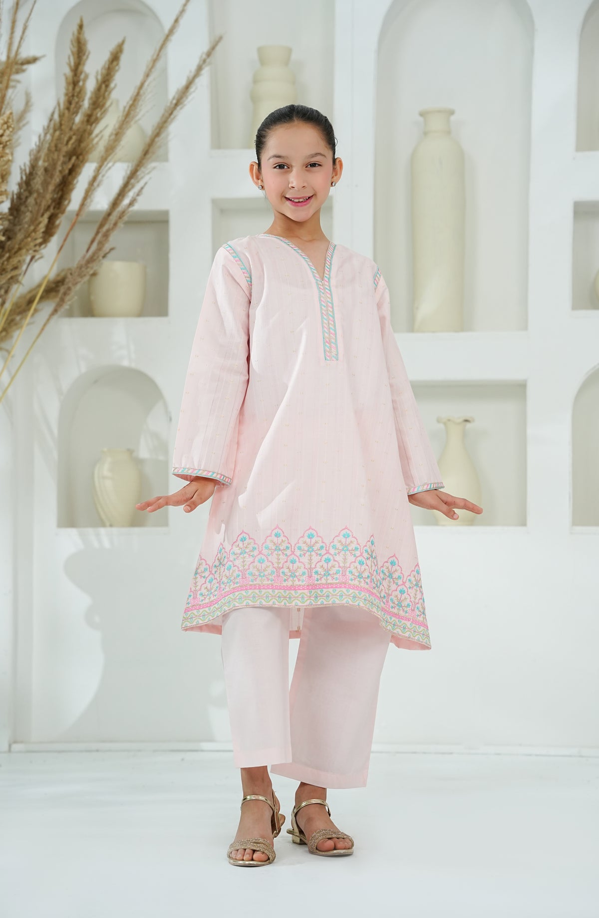 Amna Khadija Embroidered Cotton Jacquard Stitched 2 Piece Suit - AKEE-04 - AM26AKEE - Pink - Girls Eid Edit