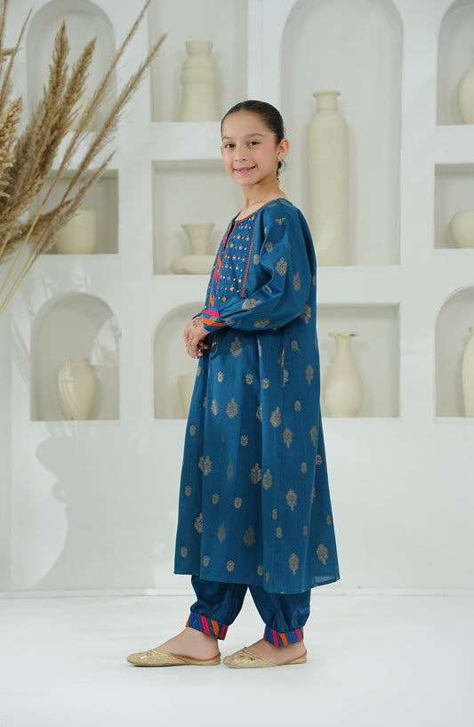 Amna Khadija Embroidered Cotton Jacquard Stitched 2 Piece Suit - AKEE-06 - AM26AKEE - Blue - Girls Eid Edit