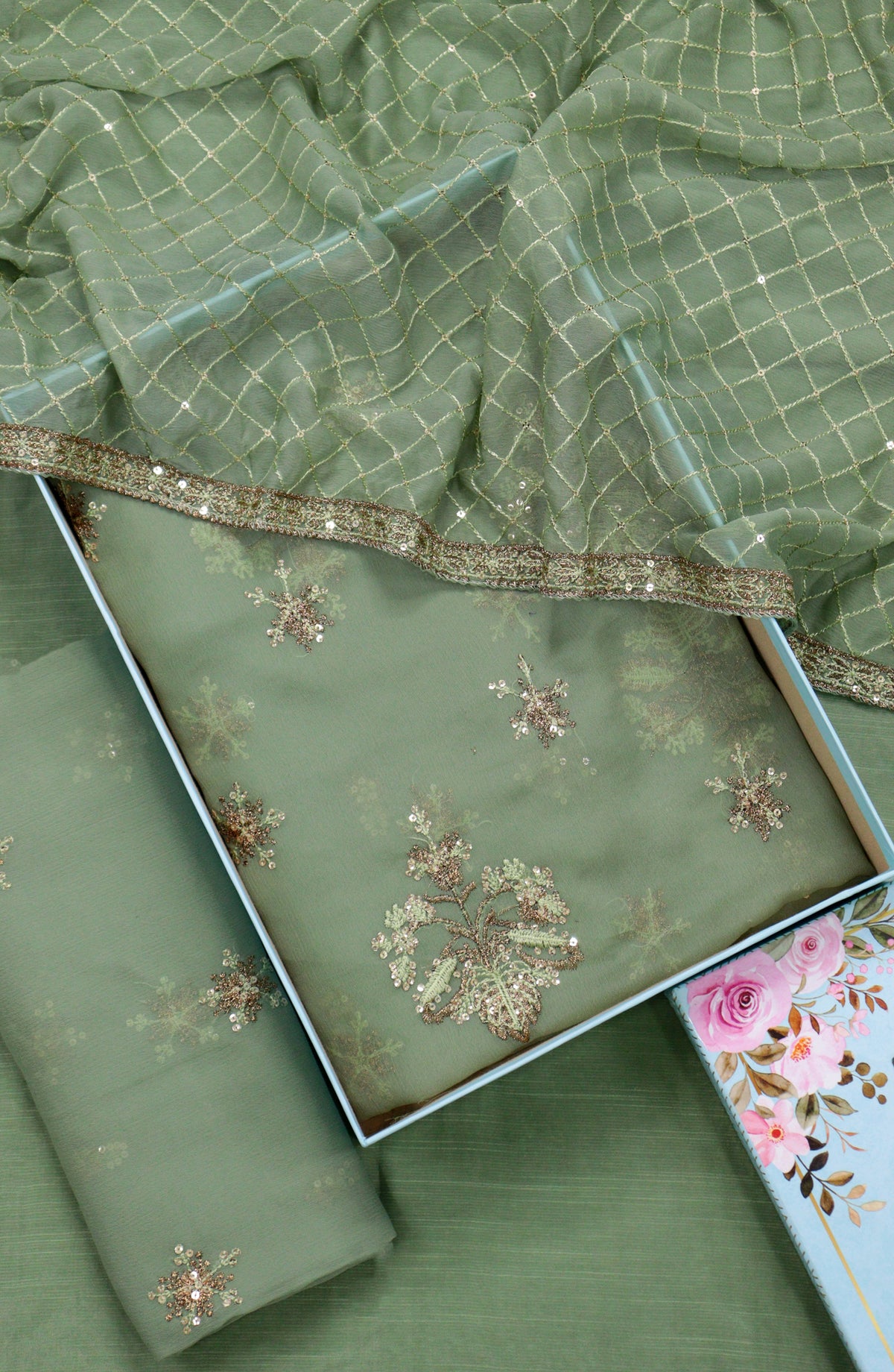 Amna Khadija Embroidered Crinkle Chiffon Unstitched 3 Piece Suit - Design-01 - AM25LXC - Green - Formal Collection