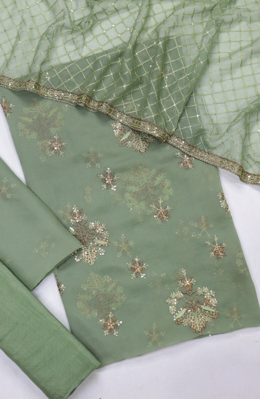 Amna Khadija Embroidered Crinkle Chiffon Unstitched 3 Piece Suit - Design-01 - AM25LXC - Green - Formal Collection
