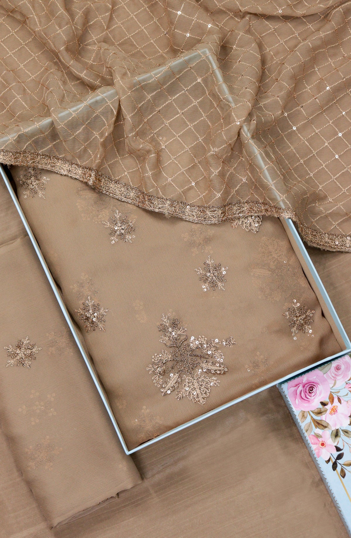 Amna Khadija Embroidered Crinkle Chiffon Unstitched 3 Piece Suit - Design-02 - AM25LXC - Beige - Formal Collection