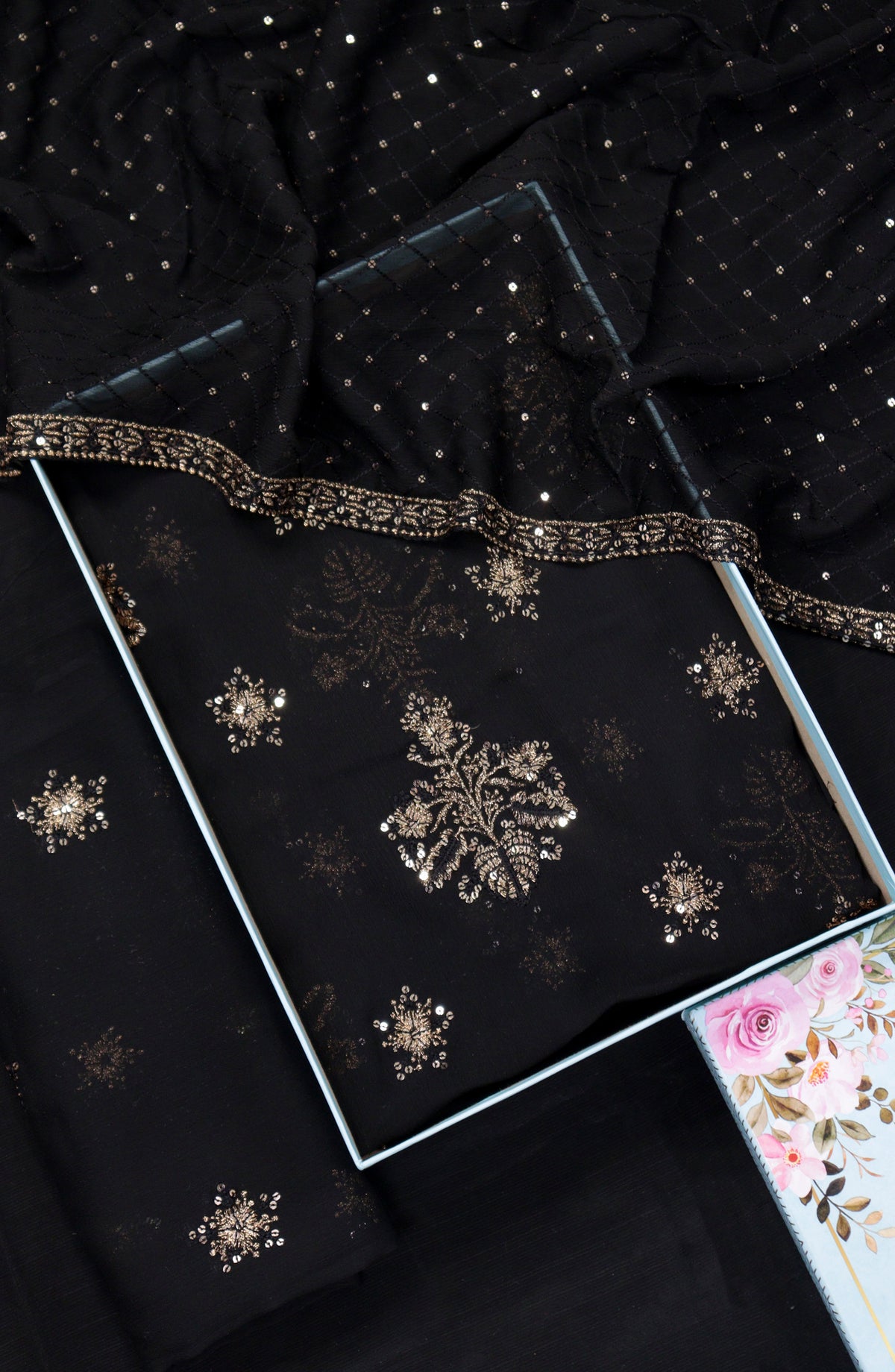 Amna Khadija Embroidered Crinkle Chiffon Unstitched 3 Piece Suit - Design-03 - AM25LXC - Black - Formal Collection