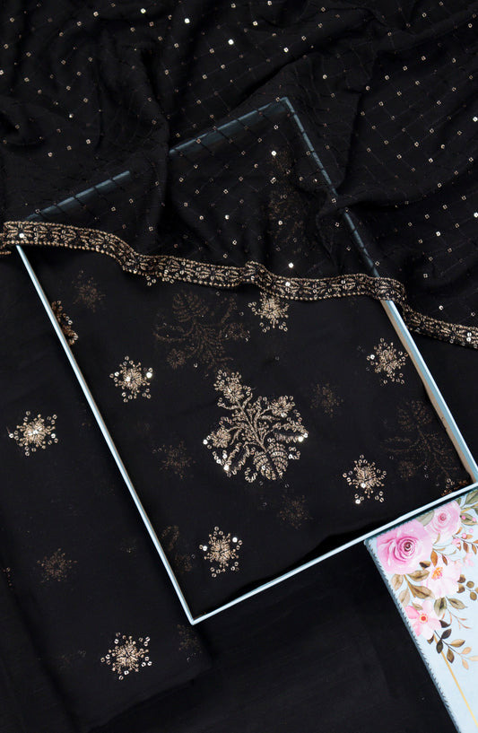 Amna Khadija Embroidered Crinkle Chiffon Unstitched 3 Piece Suit - Design-03 - AM25LXC - Black - Formal Collection