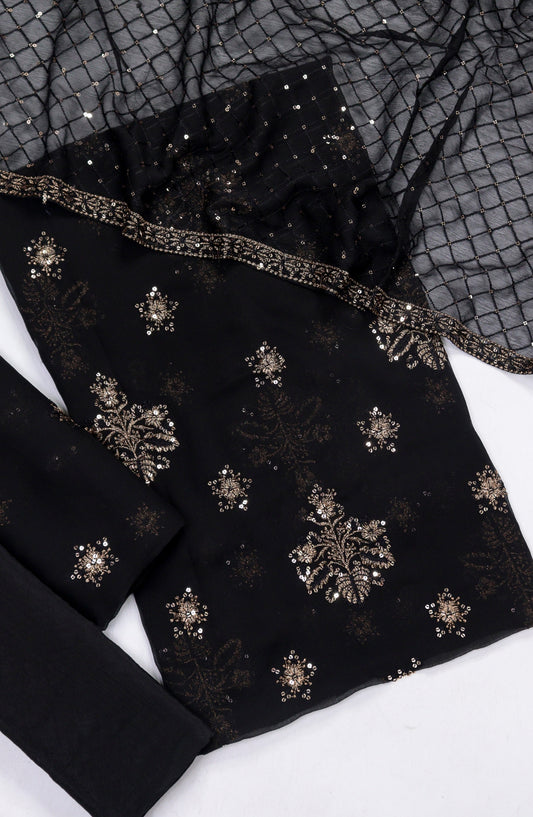 Amna Khadija Embroidered Crinkle Chiffon Unstitched 3 Piece Suit - Design-03 - AM25LXC - Black - Formal Collection