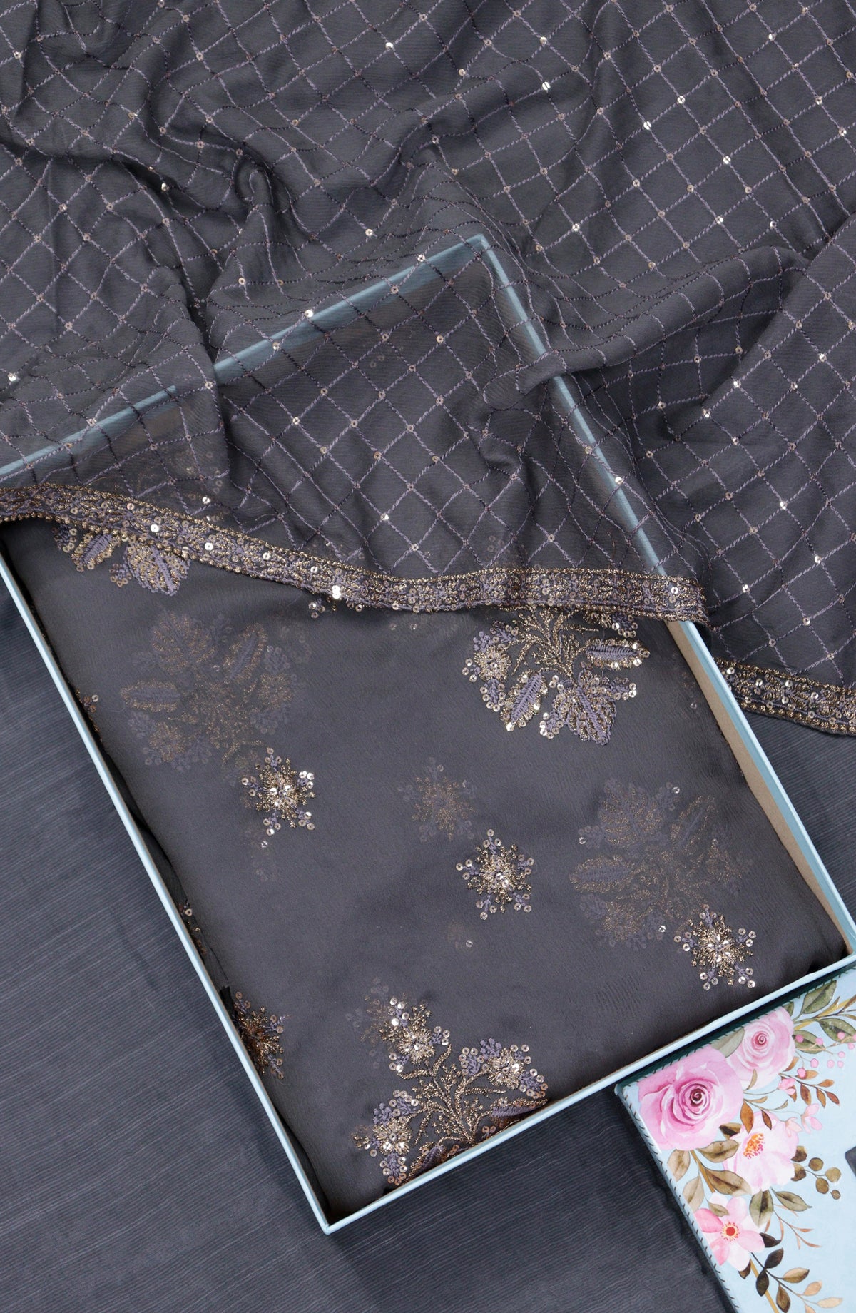 Amna Khadija Embroidered Crinkle Chiffon Unstitched 3 Piece Suit - Design-04 - AM25LXC - Grey - Formal Collection