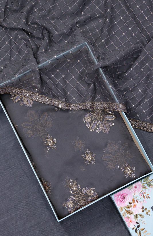 Amna Khadija Embroidered Crinkle Chiffon Unstitched 3 Piece Suit - Design-04 - AM25LXC - Grey - Formal Collection