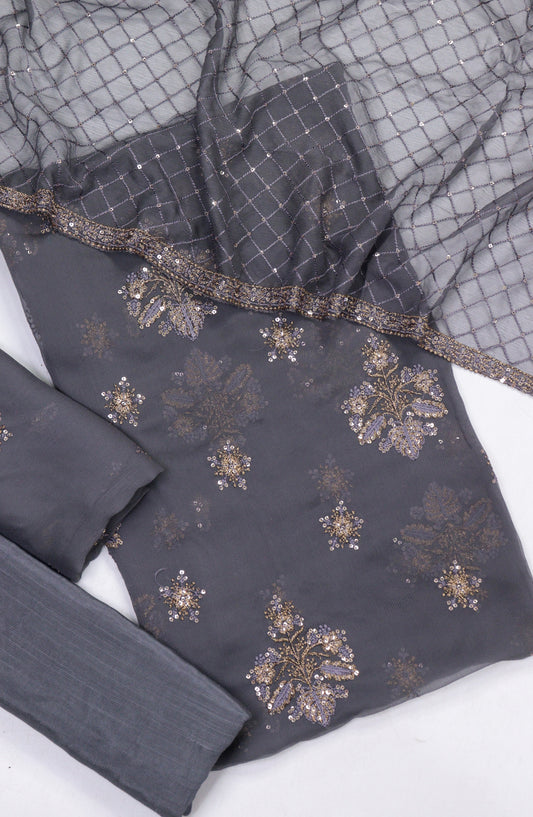 Amna Khadija Embroidered Crinkle Chiffon Unstitched 3 Piece Suit - Design-04 - AM25LXC - Grey - Formal Collection