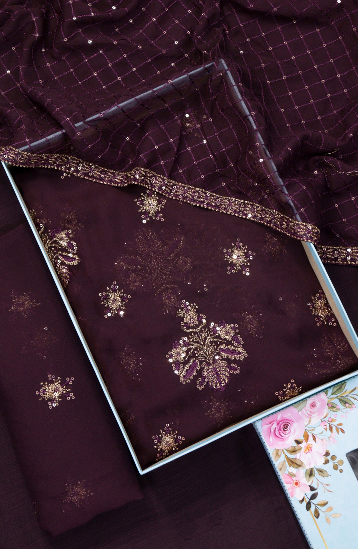 Amna Khadija Embroidered Crinkle Chiffon Unstitched 3 Piece Suit - Design-05 - AM25LXC - Purple - Formal Collection