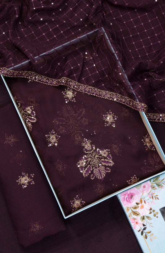 Amna Khadija Embroidered Crinkle Chiffon Unstitched 3 Piece Suit - Design-05 - AM25LXC - Purple - Formal Collection