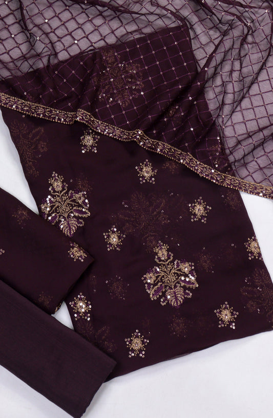 Amna Khadija Embroidered Crinkle Chiffon Unstitched 3 Piece Suit - Design-05 - AM25LXC - Purple - Formal Collection