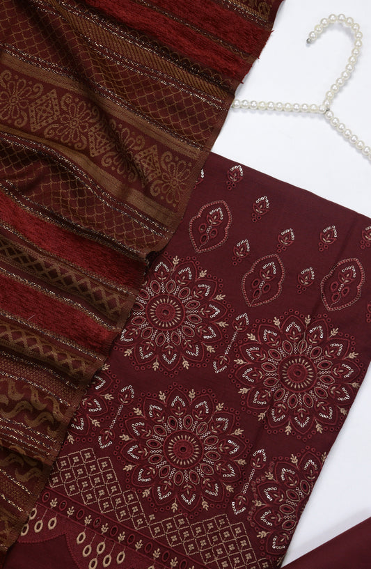 Amna Khadija Embroidered Dhanak Chikankari Unstitched 3 Piece Suit - Design-01 - AM25DHC - Maroon - Winter Collection