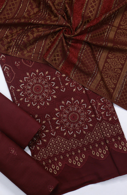 Amna Khadija Embroidered Dhanak Chikankari Unstitched 3 Piece Suit - Design-01 - AM25DHC - Maroon - Winter Collection