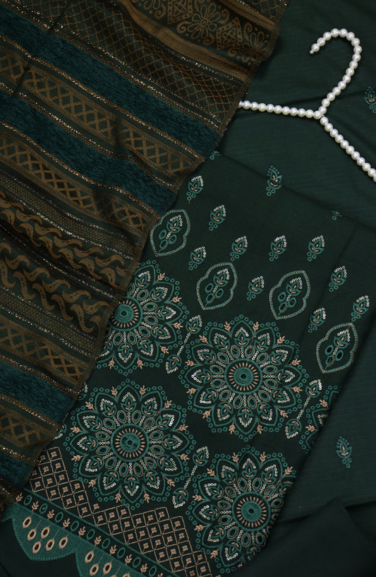 Amna Khadija Embroidered Dhanak Chikankari Unstitched 3 Piece Suit - Design-02 - AM25DHC - Green - Winter Collection