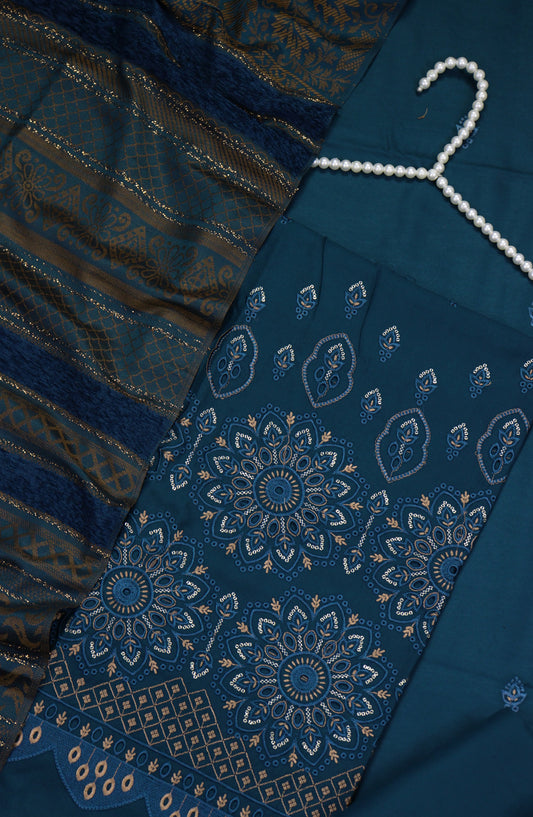 Amna Khadija Embroidered Dhanak Chikankari Unstitched 3 Piece Suit - Design-03 - AM25DHC - Blue - Winter Collection