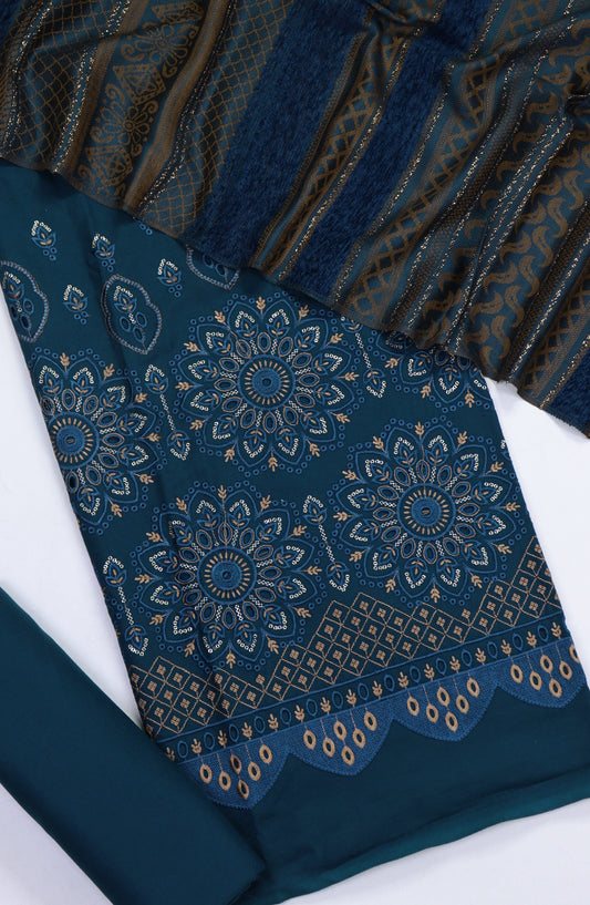 Amna Khadija Embroidered Dhanak Chikankari Unstitched 3 Piece Suit - Design-03 - AM25DHC - Blue - Winter Collection