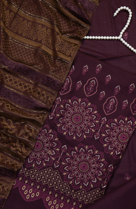 Amna Khadija Embroidered Dhanak Chikankari Unstitched 3 Piece Suit - Design-04 - AM25DHC - Purple - Winter Collection