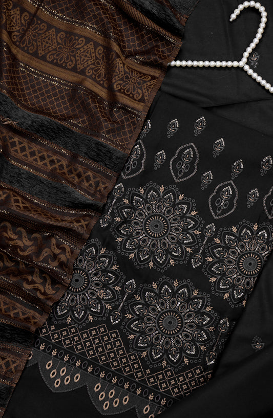 Amna Khadija Embroidered Dhanak Chikankari Unstitched 3 Piece Suit - Design-05 - AM25DHC - Black - Winter Collection