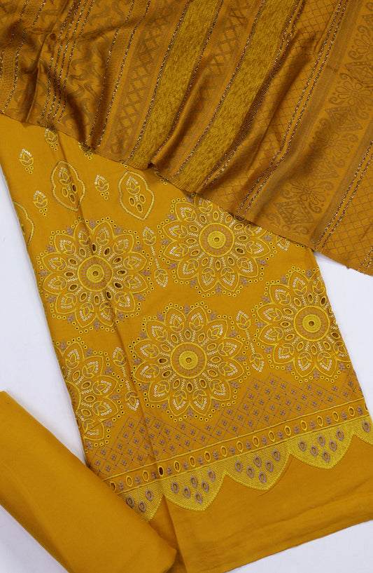 Amna Khadija Embroidered Dhanak Chikankari Unstitched 3 Piece Suit - Design-06 - AM25DHC - Mustard - Winter Collection