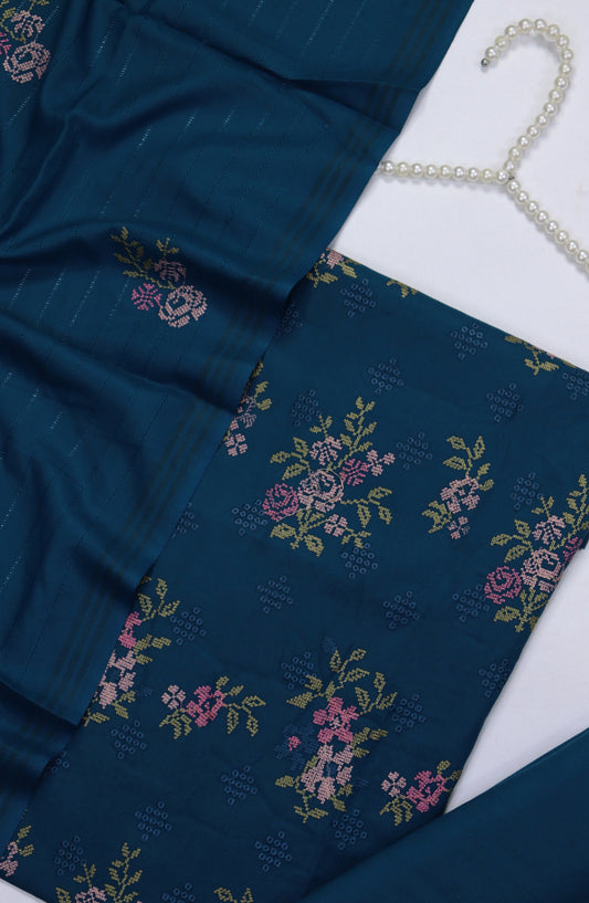 Amna Khadija Embroidered Dhanak Unstitched 3 Piece Suit - Design-02 - AM25TITC - Blue - Winter Collection