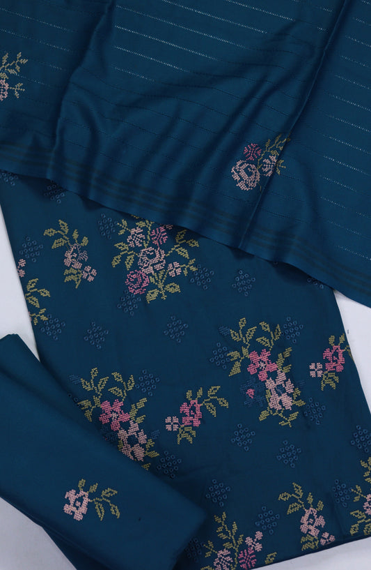 Amna Khadija Embroidered Dhanak Unstitched 3 Piece Suit - Design-02 - AM25TITC - Blue - Winter Collection
