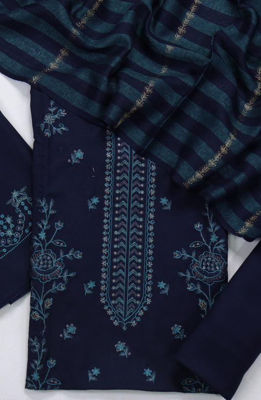 Amna Khadija Embroidered Dhanak Unstitched 3 Piece Suit - Design-06 - AM25DHC - Blue - Winter Collection