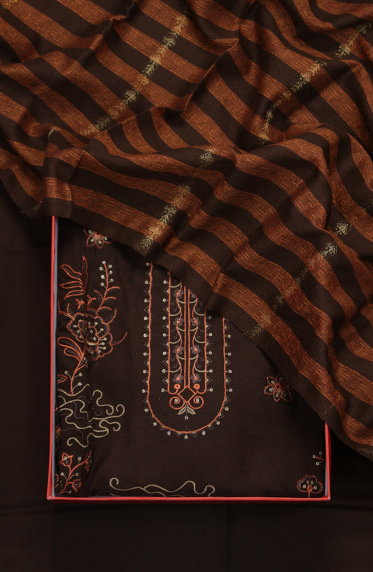 Amna Khadija Embroidered Dhanak Unstitched 3 Piece Suit - Design-07 - AM25DHC - Brown - Winter Collection