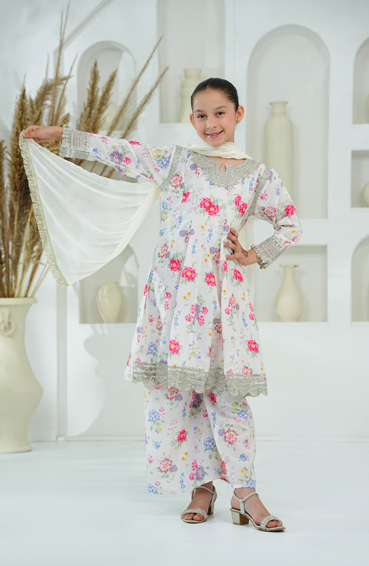 Amna Khadija Embroidered Lawn Stitched 3 Piece Suit - AKEE-01 - AM26AKEE - White - Girls Eid Edit