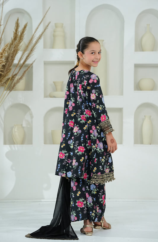 Amna Khadija Embroidered Lawn Stitched 3 Piece Suit - AKEE-02 - AM26AKEE - Black - Girls Eid Edit