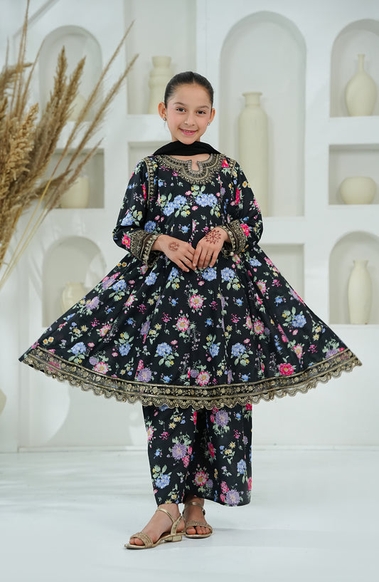 Amna Khadija Embroidered Lawn Stitched 3 Piece Suit - AKEE-02 - AM26AKEE - Black - Girls Eid Edit