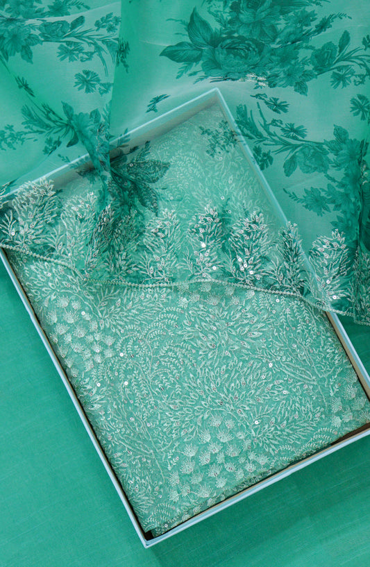 Amna Khadija Embroidered Organza Unstitched 3 Piece Suit - Design-01 - AM25LORG - Sea Green - Formal Collection