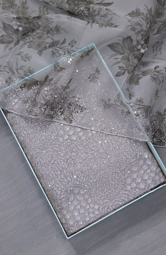 Amna Khadija Embroidered Organza Unstitched 3 Piece Suit - Design-03 - AM25LORG - Grey - Formal Collection