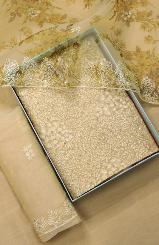 Amna Khadija Embroidered Organza Unstitched 3 Piece Suit - Design-06 - AM25LORG - Fawn - Formal Collection