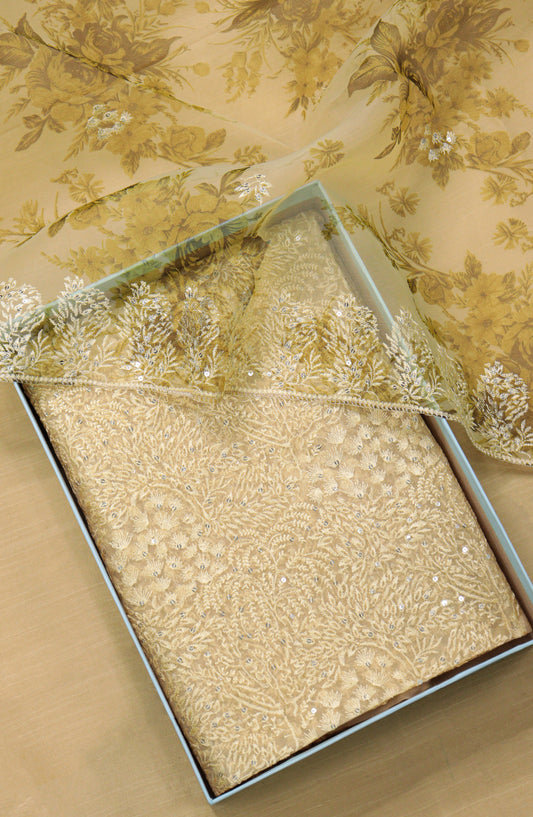 Amna Khadija Embroidered Organza Unstitched 3 Piece Suit - Design-06 - AM25LORG - Fawn - Formal Collection