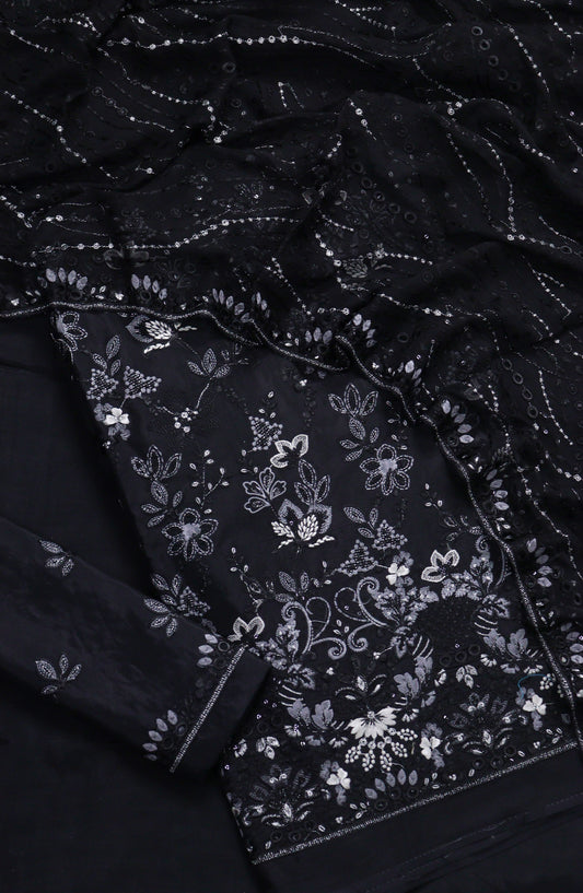 Amna Khadija Embroidered Sheesha Silk Unstitched 3 Piece Suit - D-10 - AM26SHES - Black - Luxury Collection
