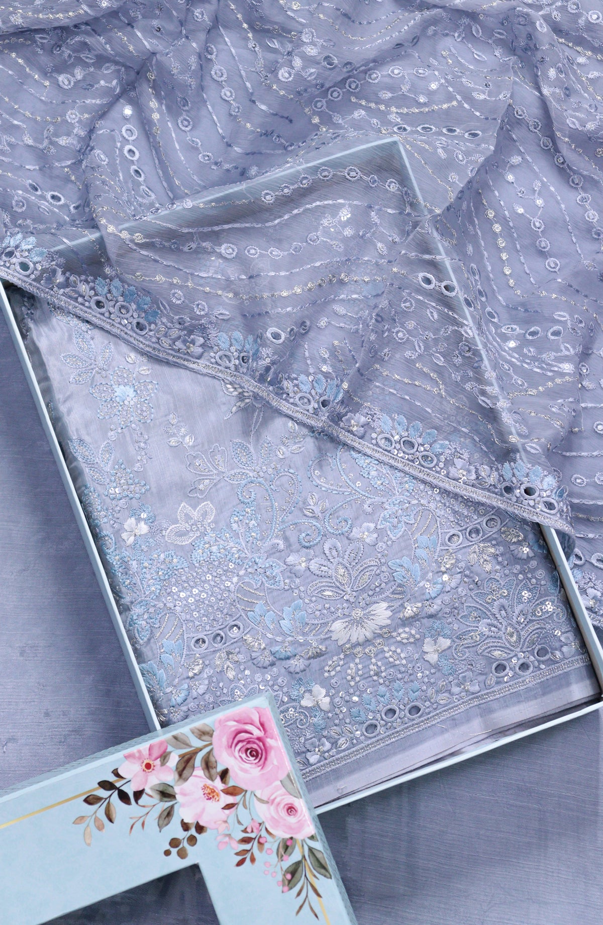 Amna Khadija Embroidered Sheesha Silk Unstitched 3 Piece Suit - D-11 - AM26SHES - Blue - Luxury Collection