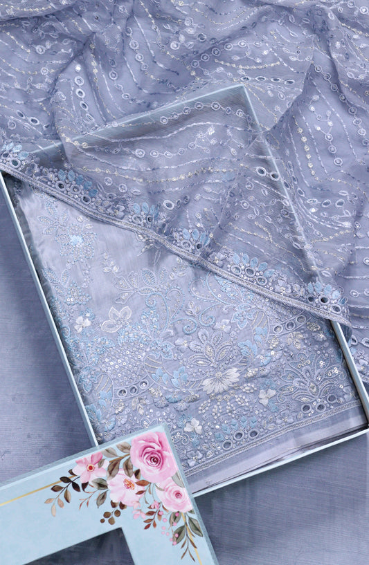 Amna Khadija Embroidered Sheesha Silk Unstitched 3 Piece Suit - D-11 - AM26SHES - Blue - Luxury Collection