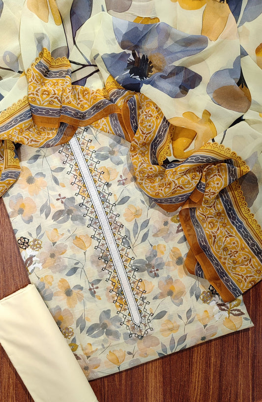 Amna Khadija Digital Print and Embroidered Slub Lawn Unstitched 3 Piece Suit - Design-01 - AM25SLU - Yellow - Summer Collection