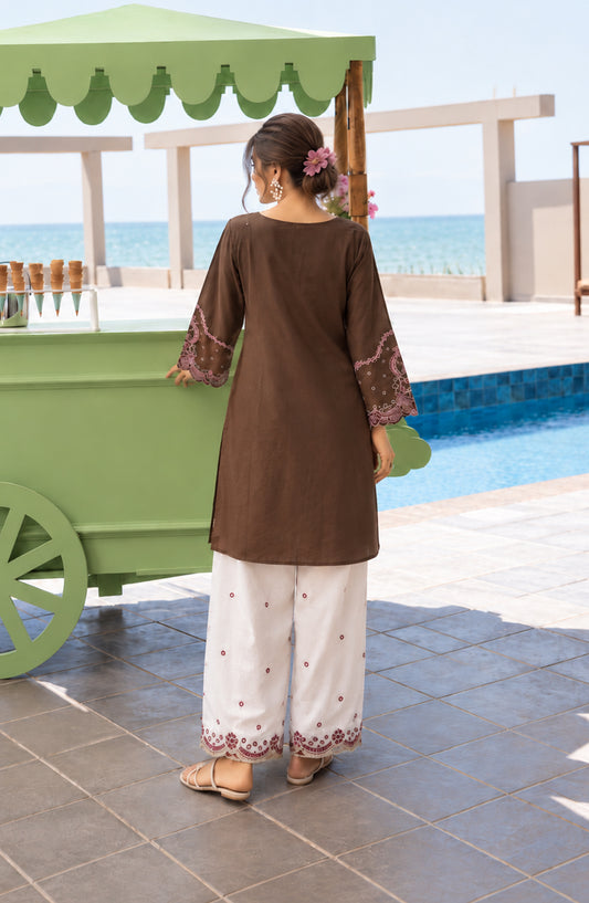 Amna Khadija Embroidered Viscose Linen Stitched 2 Piece Co-ord Set - AKPS-01 - AM26SLY - Brown - Winter Collection