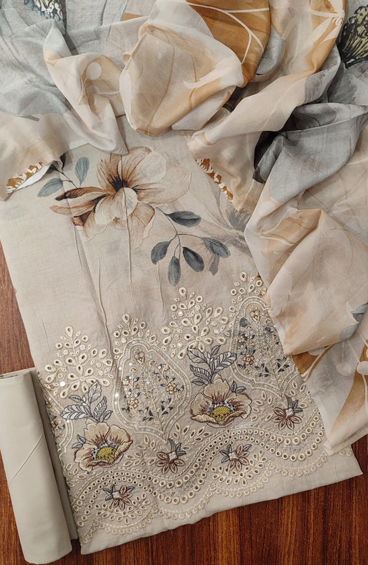 Amna Khadija Fancy Base Chikankari Lawn Unstitched 3 Piece Suit - Design-02 - AM25FNY - Beige - Summer Collection