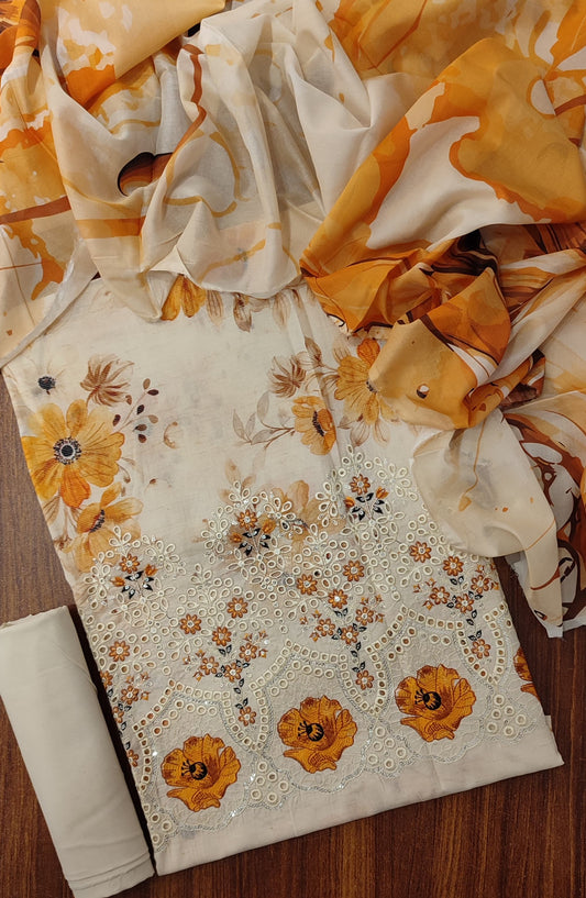 Amna Khadija Fancy Base Chikankari Lawn Unstitched 3 Piece Suit - Design-03 - AM25FNY - Orange - Summer Collection