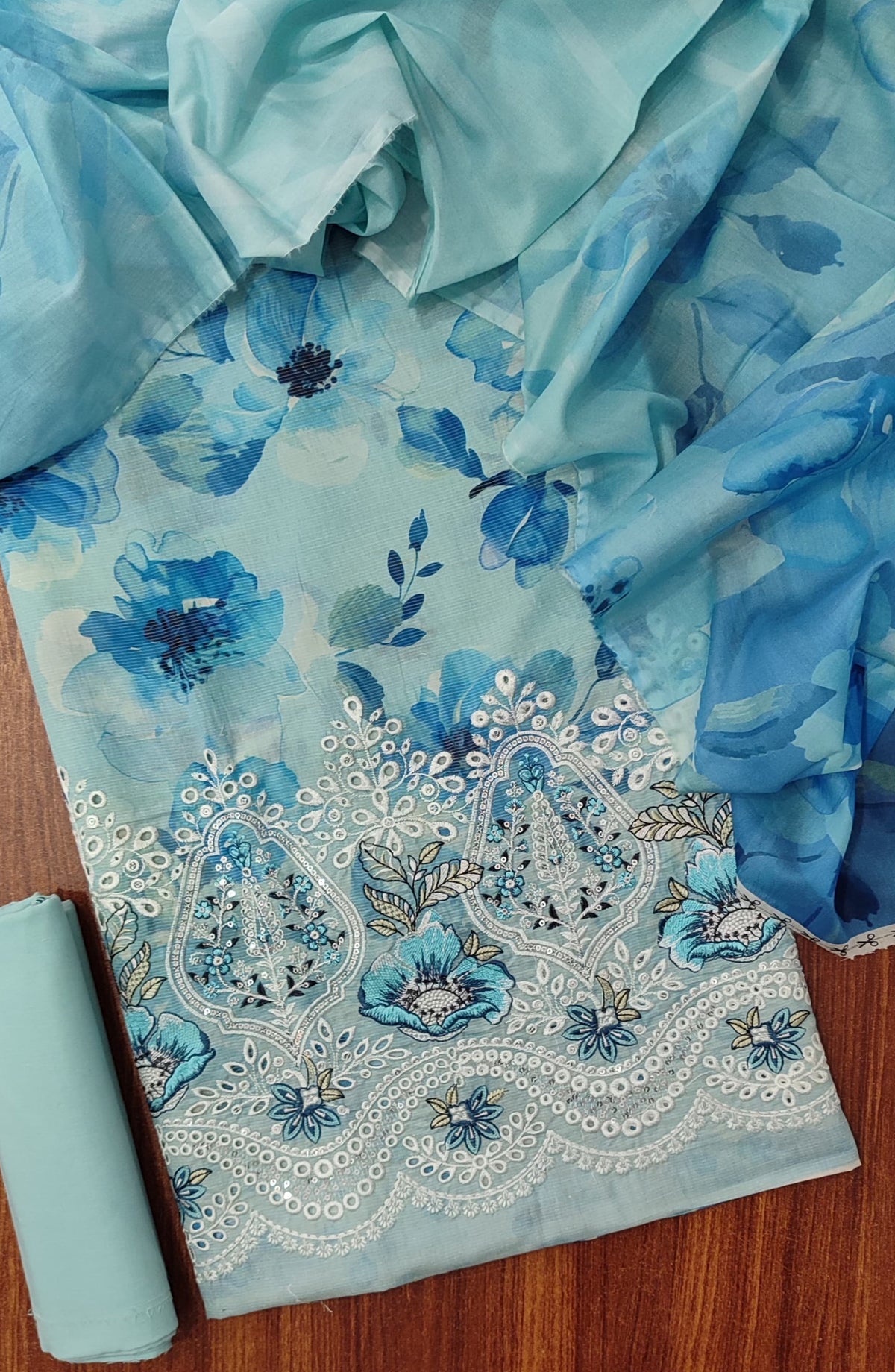 Amna Khadija Fancy Base Chikankari Lawn Unstitched 3 Piece Suit - Design-07 - AM25FNY - Blue - Summer Collection