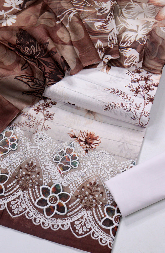 Amna Khadija Fancy Chikankari Lawn Unstitched 3 Piece Suit - D-10 - AM26FNC - Bron - Summer Collection