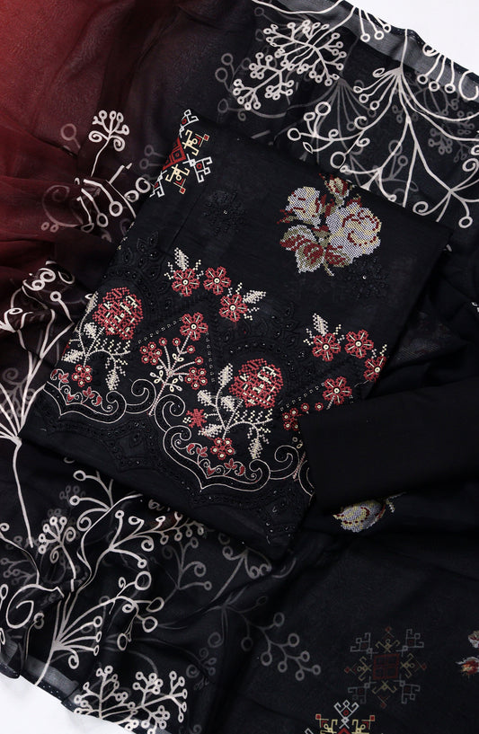 Amna Khadija Fancy Embroidered Lawn Unstitched 3 Piece Suit - D-18 - AM26FNC - Black - Summer Collection