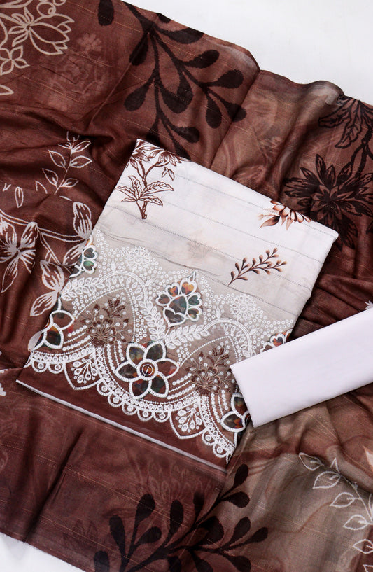 Amna Khadija Fancy Chikankari Lawn Unstitched 3 Piece Suit - D-10 - AM26FNC - Bron - Summer Collection