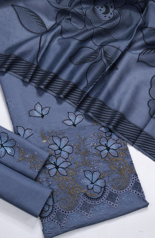 Amna Khadija Fancy Embroidered Chikankari Unstitched 3 Piece Suit - SBD-08 - AM26FNC - Blue - Summer Collection