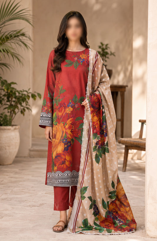 Amna Khadija Fancy Printed Lawn Unstitched 3 Piece Suit - TOD-11 - AM26FNC - Red - Summer Collection