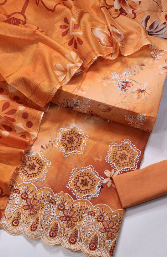 Amna Khadija Fancy Embroidered Lawn Unstitched 3 Piece Suit - EFU-07 - AM26FNC - Orange - Summer Collection